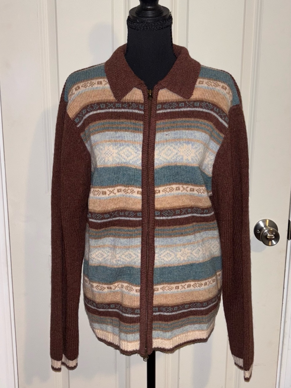 Woolrich Brown Zip-Up Fair Isle Knit Sweater with Blue and Cream Stripes